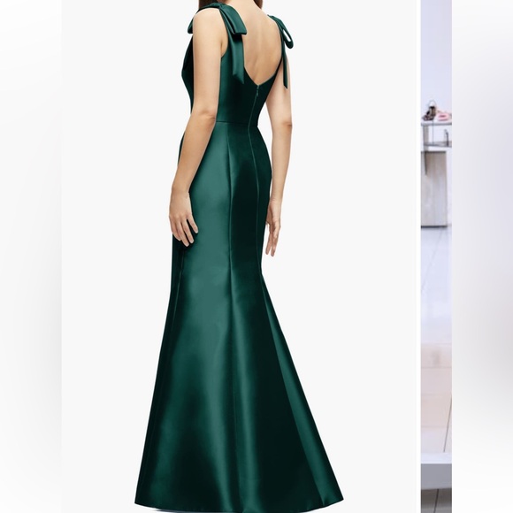 New ALFRED SUNG Bow Strap Satin Twill Trumpet Gown in color EverGreen - Picture 3 of 10